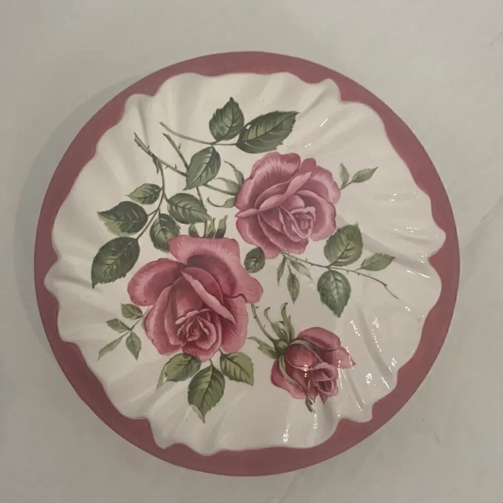 Rose Handcrafted Porcelain Pink White Green Floral Rice Trinket Bowl Jar 32 Oz